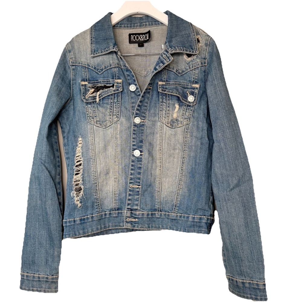 Rock‎ & Roll Cowgirl Denim Jacket Womens SZ-M White Buttons, W Sequin Crop Jean